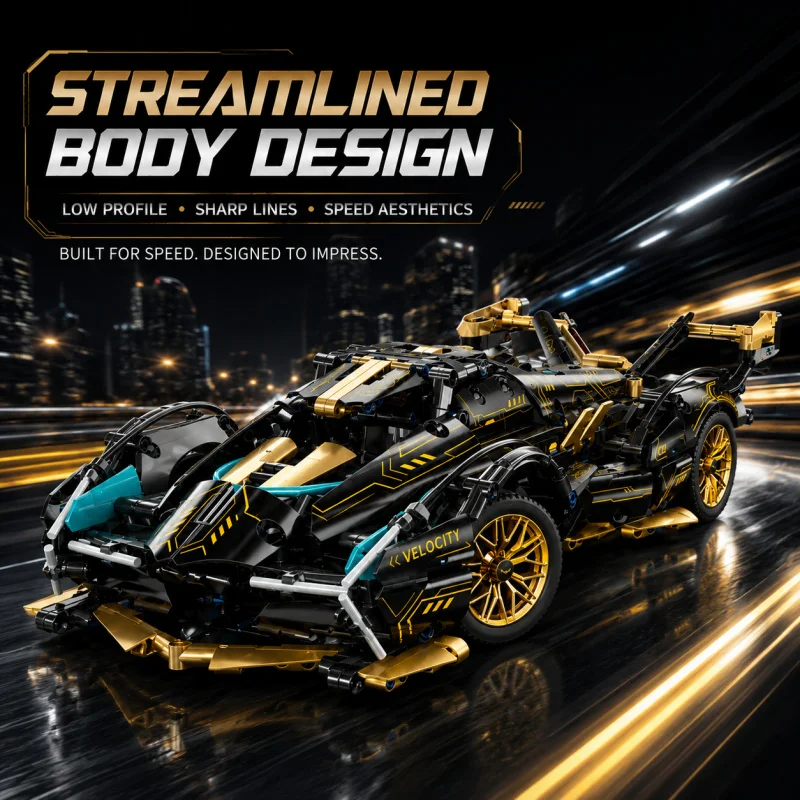 

1:14 Building Block Supercar Model Black Gold Racing Car Kit, 36cm Mechanical Sports Car Toy with Openable Cockpit, Adjustable R