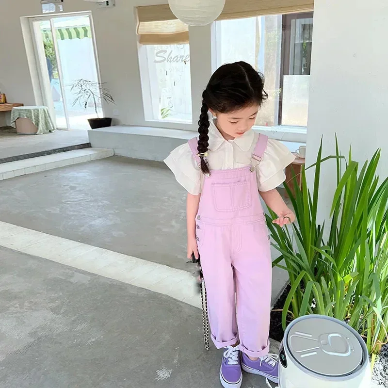 Fantasy purple Girls Overalls Middle Big Children's Loose Overalls Children's Casual Cropped Pants Summer Thin Suspenders