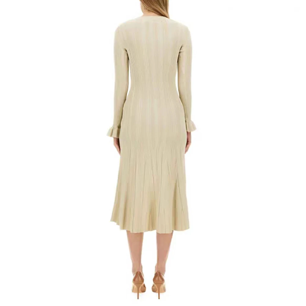 Women's Ribbed Knit Long Dress,Metal Button Decoration,V Neck,Pod Cuffs,Elegant Commuter,Temperament,New,Autumn,Y2K,2024