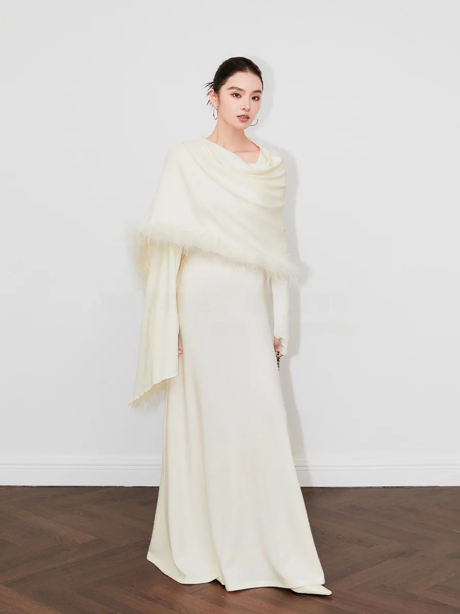 

SUK Shanghai Night Song! Elegant Detachable Ostrich Feather Long Knitted Dress Slim Fit Women's Dress High Waist H Version