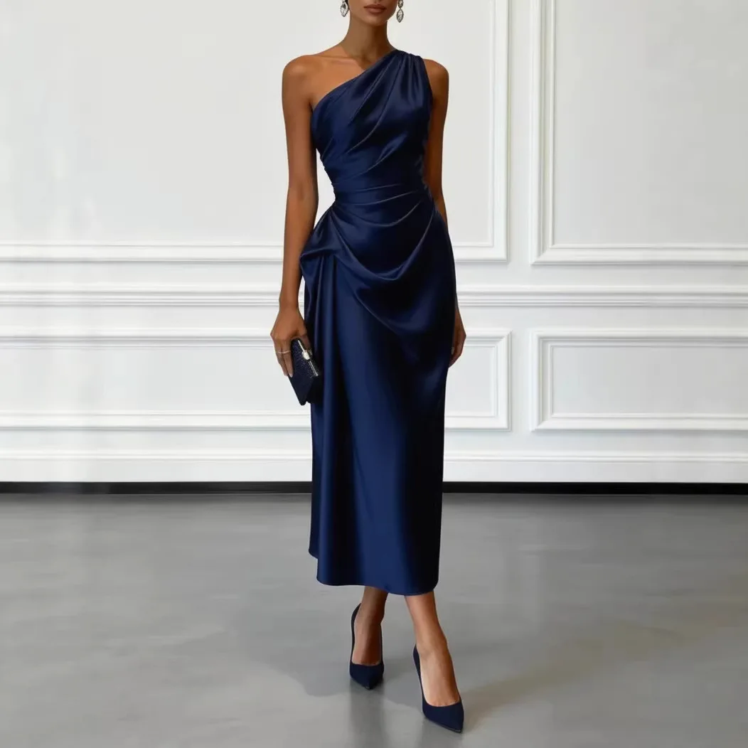 One Shoulder Asymmetrical Neck Satin Midi Dress All Over Side Ruched Draped Detail