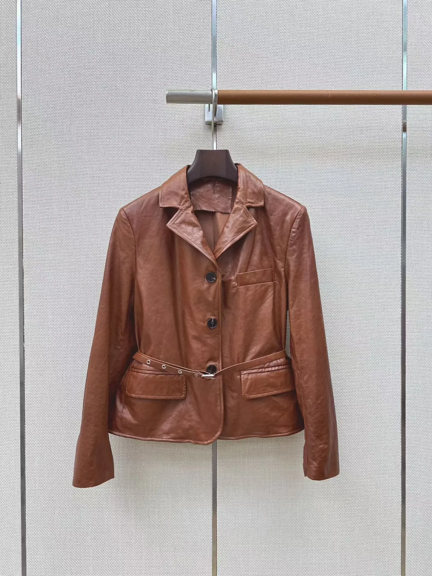 Women's Short Leather Blazer, 100% Genuine Lambskin, Super Soft, Waist Slimming Design