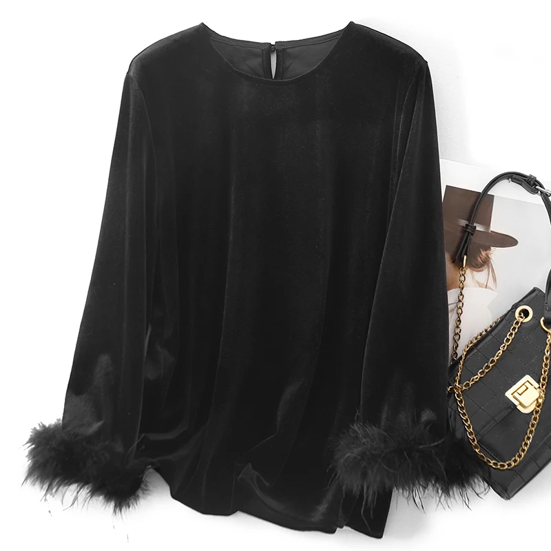 Novo chinês sle feminino veludo topo com pele do falso sves camada base irt desgaste interno solto ajuste longo sve redondo ne