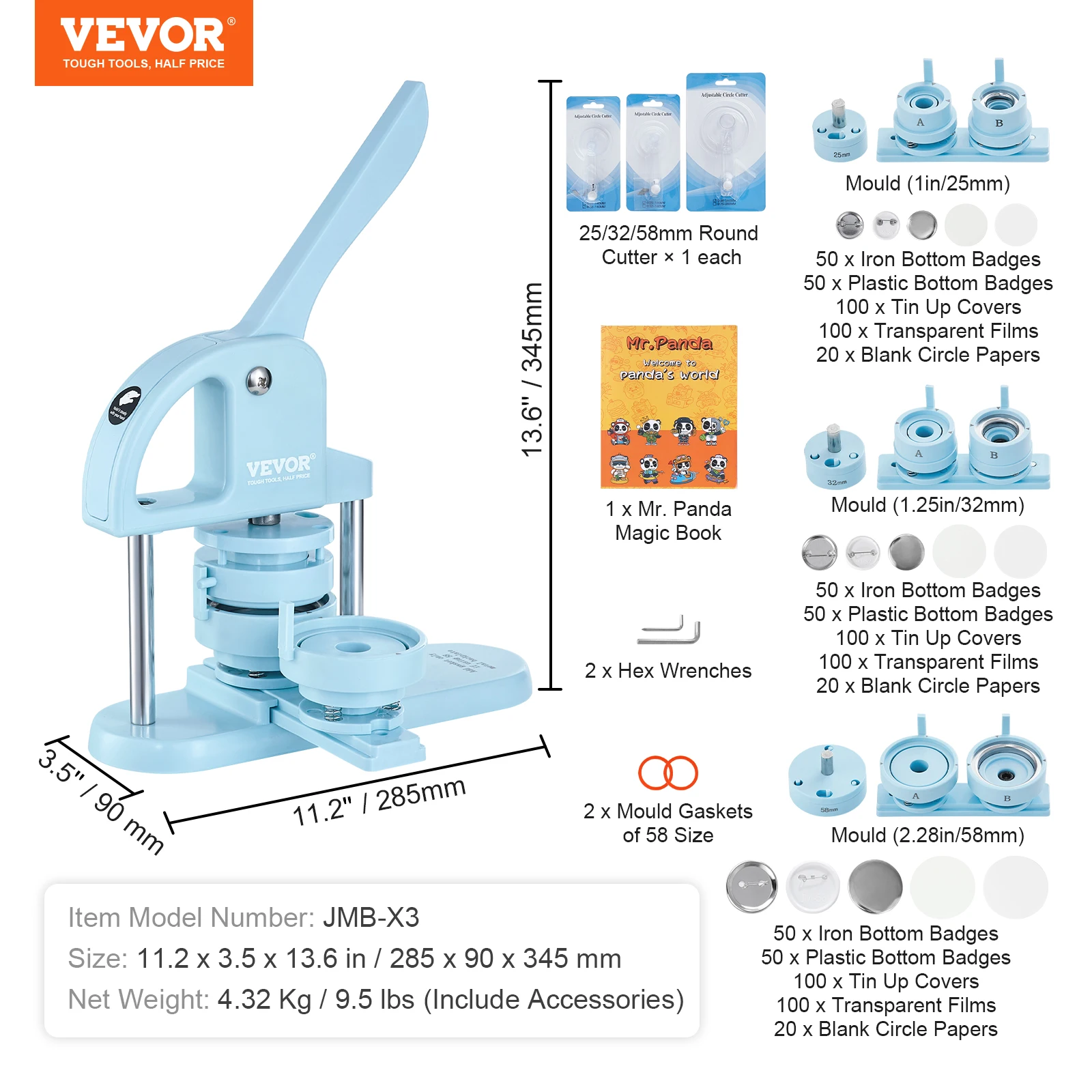SucceBuy 3-IN-1 Button Maker Button Maker Machine met Panda Magic Book Ergonomische Arc Handle Punch Press Kit