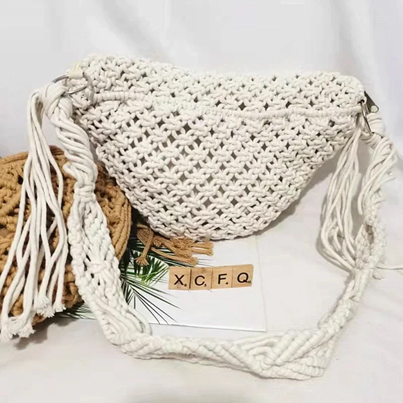 

Summer Bohemia Hand Woven Beach Bag with Tassels Cotton Crochet Hollow Out Travel Tote Bag Ethnic Style Handbags Underarm Bag