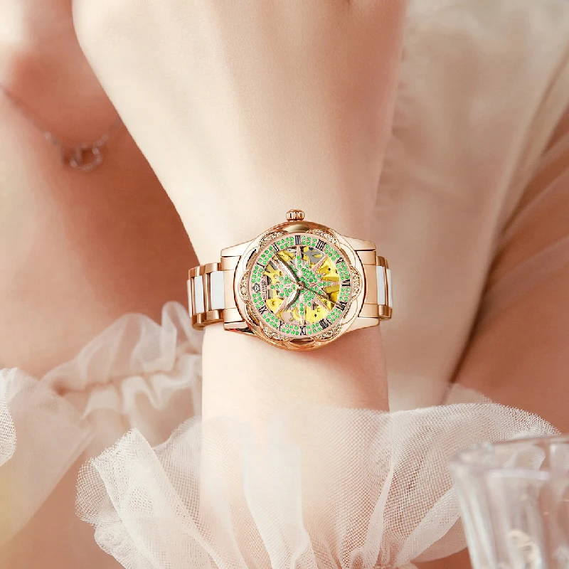 ORKINA Iced Out Watch for Women Automatic Mechanical Lady Business Wristwatch Diamond Skeleton Dial Ceramic Stainless Steel Band