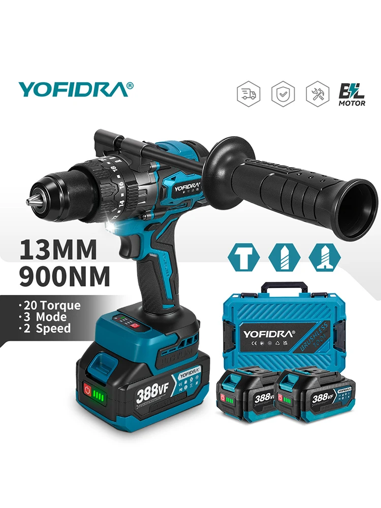 YOFIDRA 900N.M 13MM Bürstenlosen Elektrischen Schlagbohrmaschine 20 + 3 Drehmoment Handheld Bohren Schraubendreher Power Tool Für Makita Batterie pin