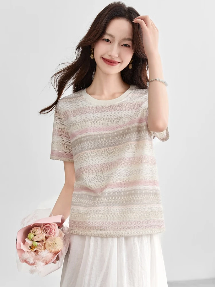 

SENTUBILA Hollow Out Short Sleeve T-shirt Elegant Round Neck Summer 2025 Casual New Loose Knitted Tees Ladies Clothing 152TN1588