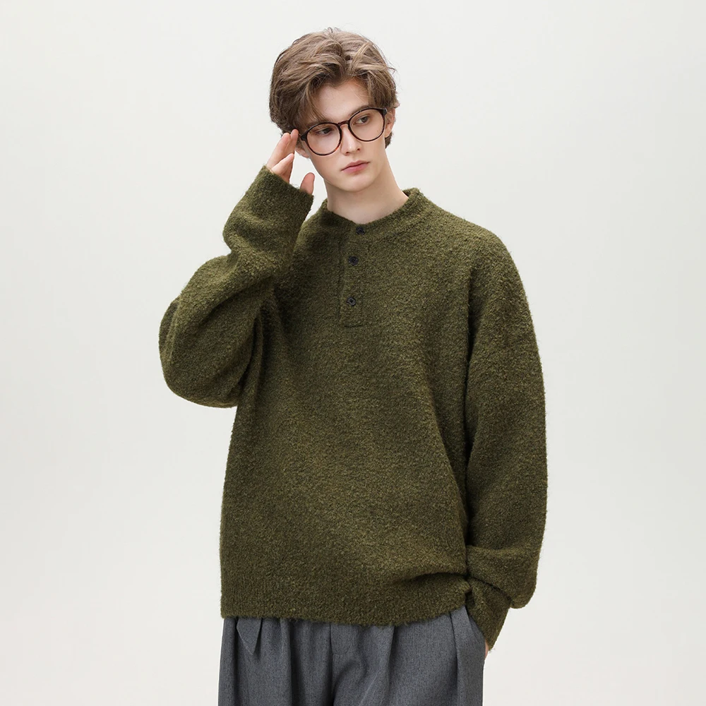 

TFETTERS 2025 осень-зима элегантный вязаный свитер для мужчин с вырезом на пуговицах большого размера из пряжи свободного покроя пуловер для мужчин