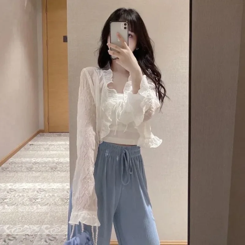 Chiffon Cardigan Women Korean Style Summer New Office Lady Ruffles Solid Color Flare Sleeve Lace-up Versatile Short Tops Female