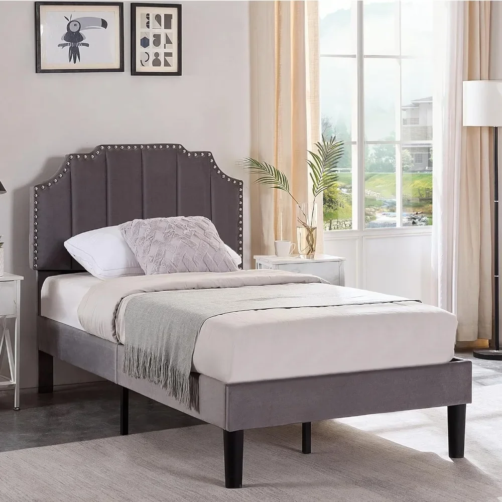 Bed frame, double bed frame soft cushion platform with wooden support, easy to assemble, with adjustable headboard/mattress base