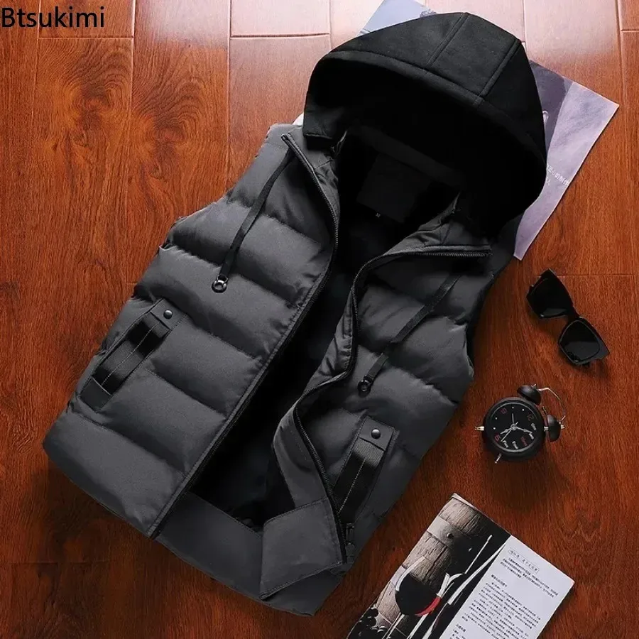 New Men's Casual Warm Hooded Vest Solid Thicken Waistcoat Autumn Winter Waterproof Warm Sleeveless Jackets Outdoor Vest for Men