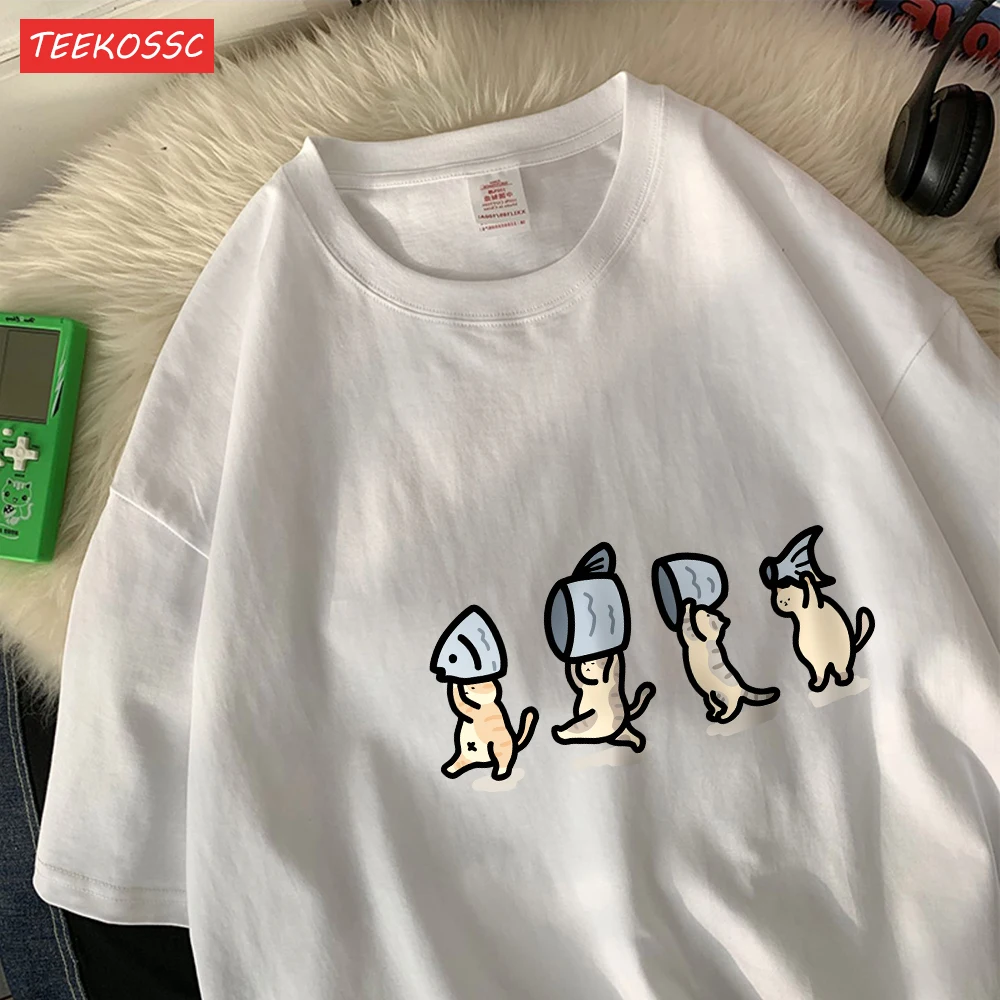 Vier Kleine Katzen Halten Fishcotton Frauen T-Shirts Cartoons Drucke T Shirts Weiche Oansatz Lose Kurzarm Tops Sommer Kleidung – Detail 18