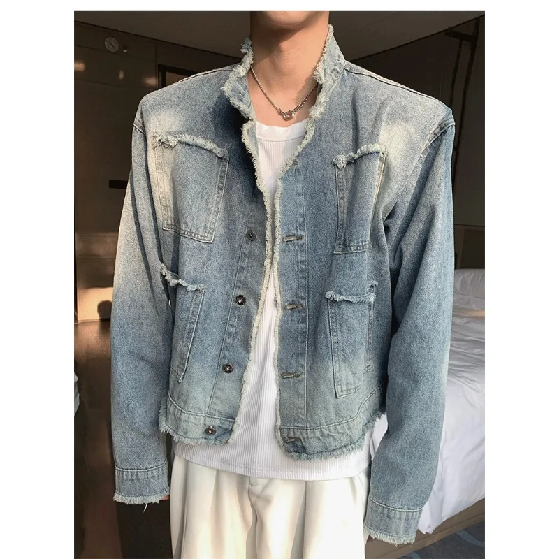 

Men Denim Jackets High Street Trendy Stand Collar Coats Washing Gradual Change Loose Long Sleeves Single Breasted Pockets Tops