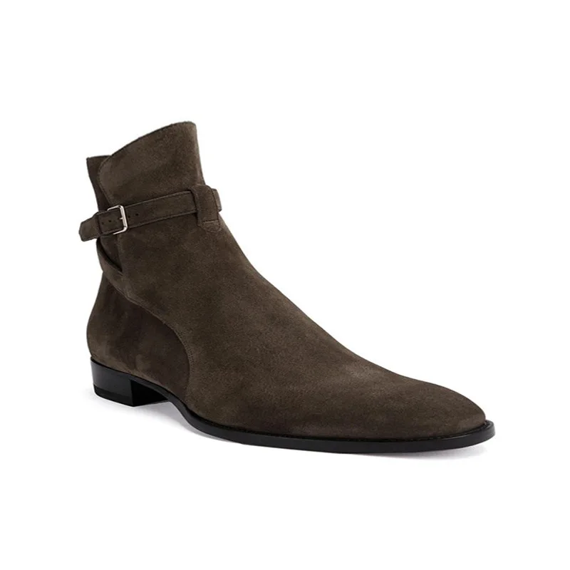 Men Ankle Boots Handmade High-Top Cow Suede Grey Buckle Strap Men Shoes Fashion Business Casual Party Daily Classic Mamle Shoes