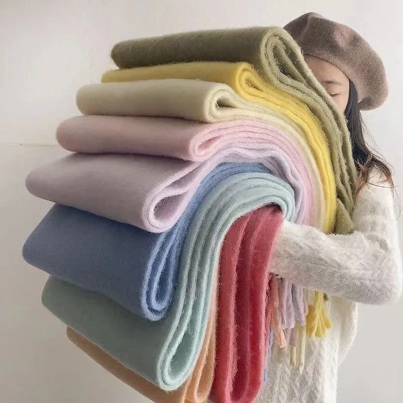 Thickened and lengthened solid color mohair long scarf couple autumn and winter versatile warm shawl dual-purpose scarf