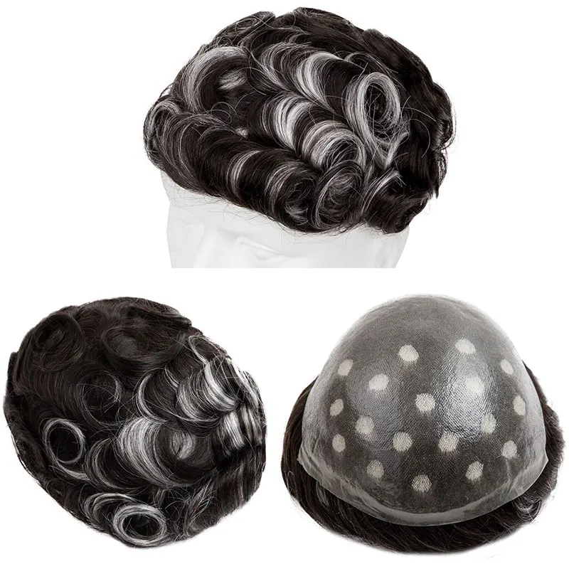 Highlighted 0.06-0.08mm PU & Double Knotted Fashion Toupee Men Natural Hairline Men Wig Natural Human Hair Hair System Unit 6