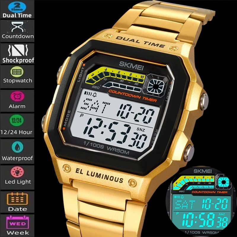 Skmei Shockproof Sports Watches for Mens Dual Time Zone LED Waterproof Stopwatch Alarm Clock Male Digital Wristwatch with Date