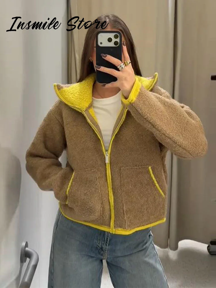Модные контрастные флисовые пальто, женские куртки с воротником-стойкой и карманами на молнии, куртка с длинными рукавами, осень-зима 2022, женская теплая верхняя одежда, новинка