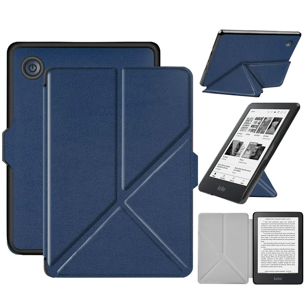 

For Tolino Shine 4 Case Origami Stand PC + PU Leather E-Reader Protective Cover with Auto Sleep / Wake - Dark Blue