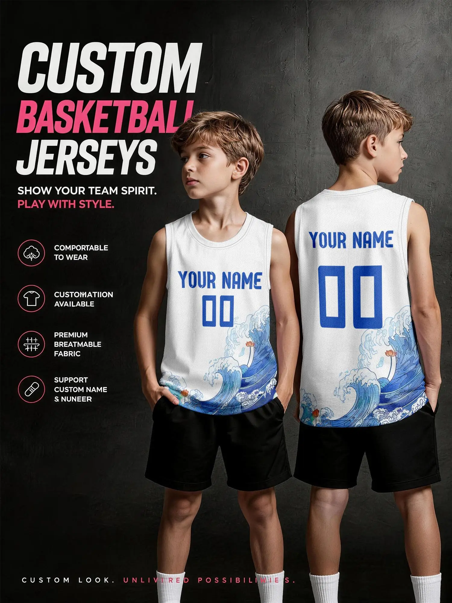 Chinese‑style Wave Print Custom Basketball Jersey, White Breathable Mesh Custom Vest