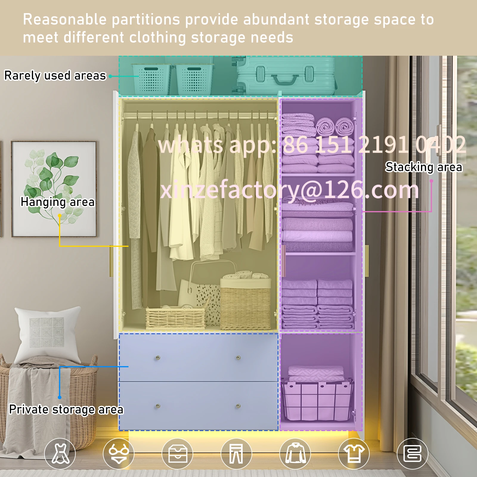 

Customizable Modern Wooden Armoire Wardrobe Closet with Hanging Rod for Bedroom, 3 Door Wardrobe Closet with Mirror & LED Lights