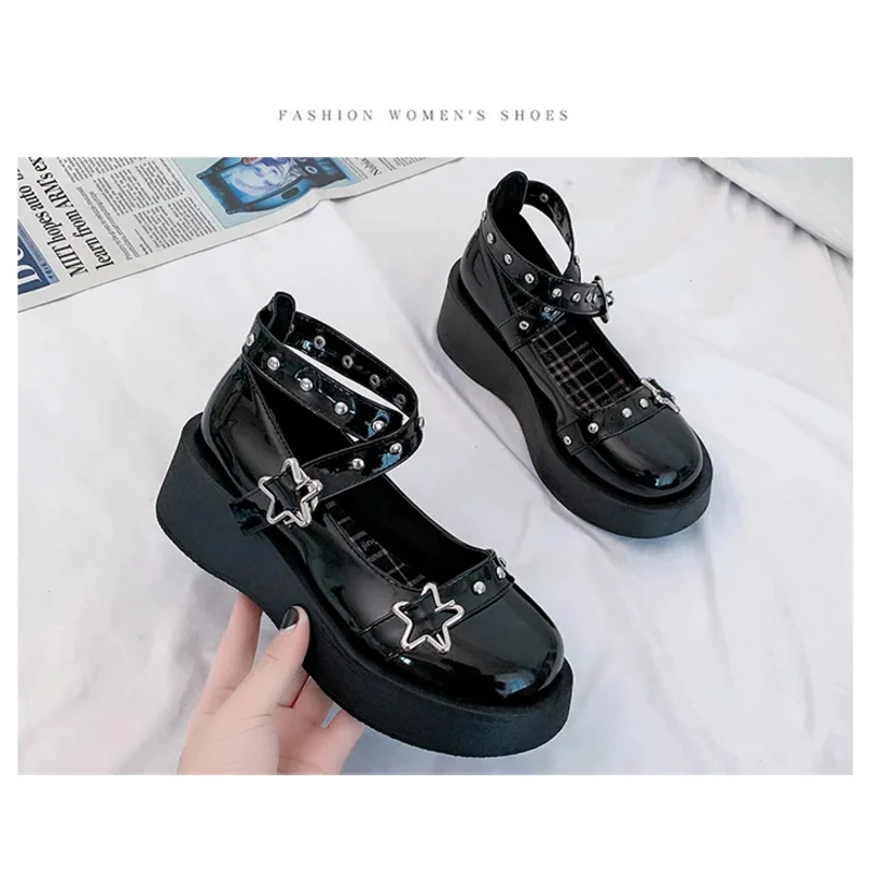 Lolita estrella hebilla Mary Janes mujeres plataforma cruzada charol niñas remache zapatos casuales fiesta yj