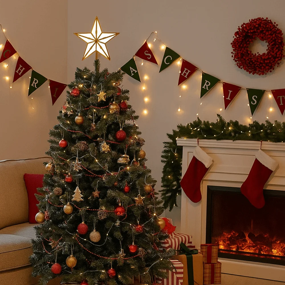 شجرة عيد الميلاد البلاستيكية أعلى نجمة متوهجة خفيفة الوزن على شكل نجمة خفيفة جميلة شجرة عيد الميلاد زخرفة السنة الجديدة #3