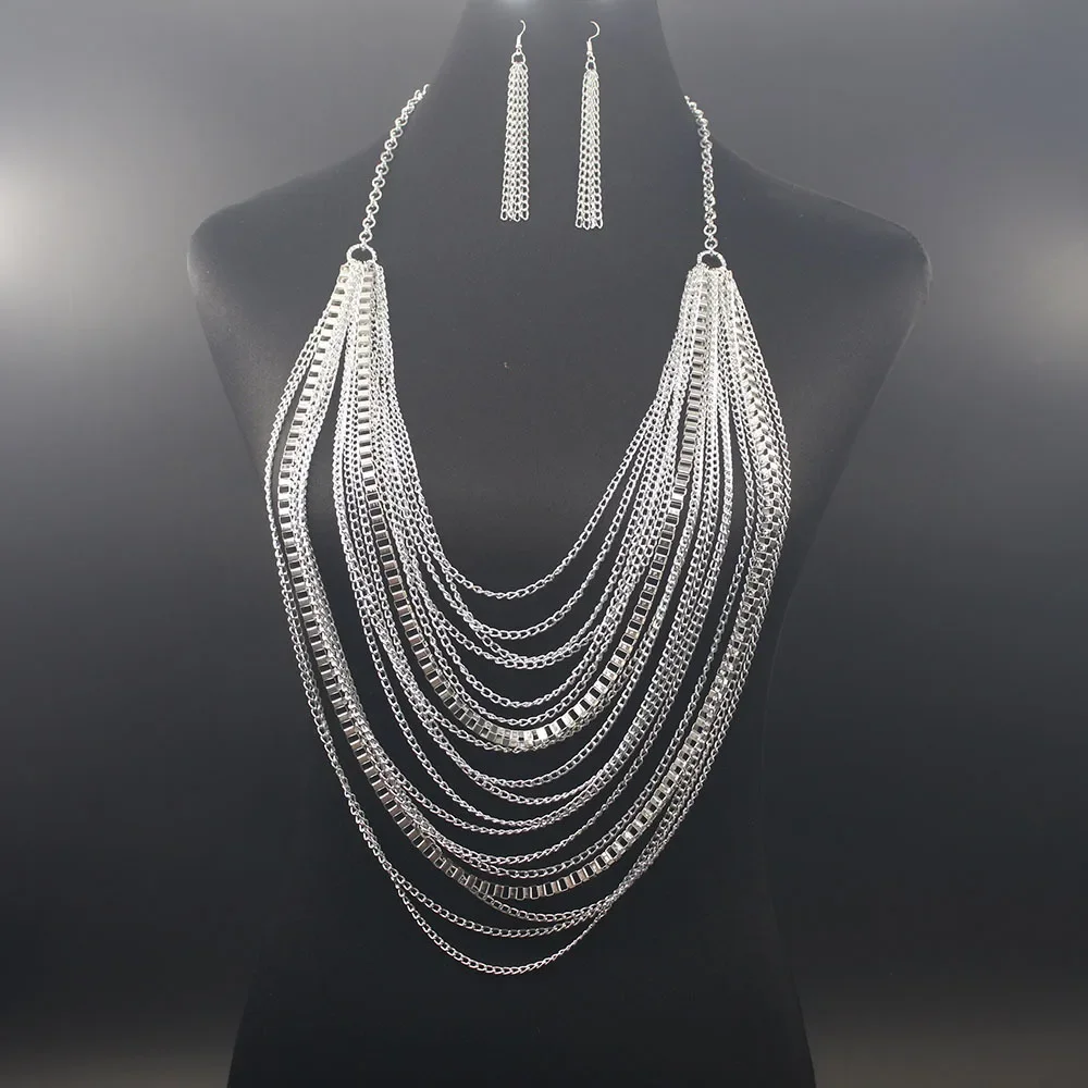 Chic Metallic Multi Row Cascade Fringe Bib Necklace Earrings Set Bold Geometric Drape Collar Choker For Fashion Party Dress