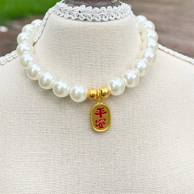 Fashion National Style Pet Pearl Necklace with Five Blessings Wealth Happiness Longevity and Safety Pendant for Dog Cat Collars