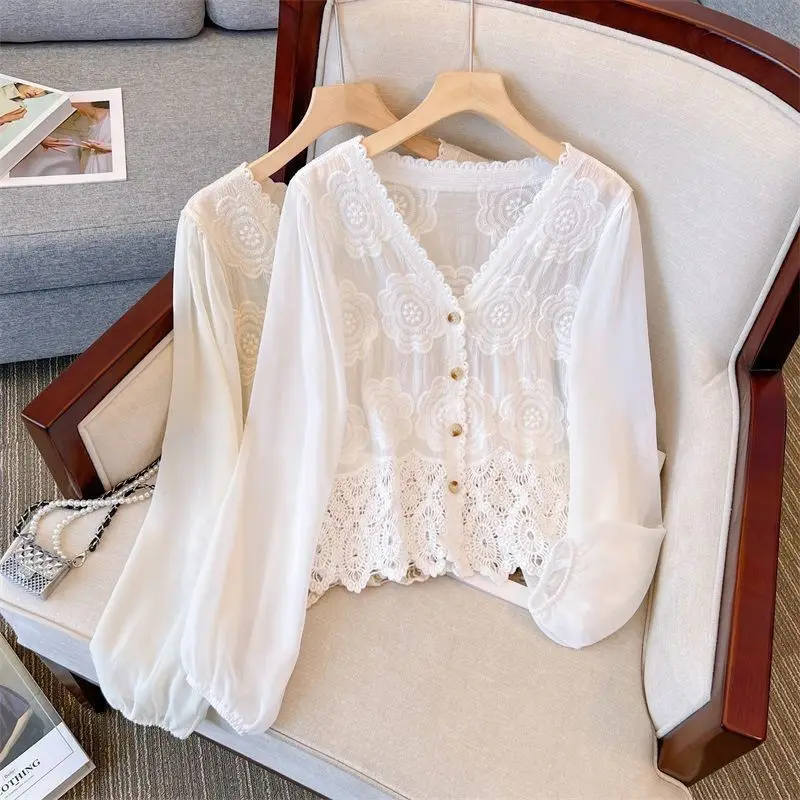 Women Korean Lace Flare Long Sleeve Blouse V-Neck Button Down Cropped Cardigan Hollow Crochet Floral Thin Shirts 2024 New N872