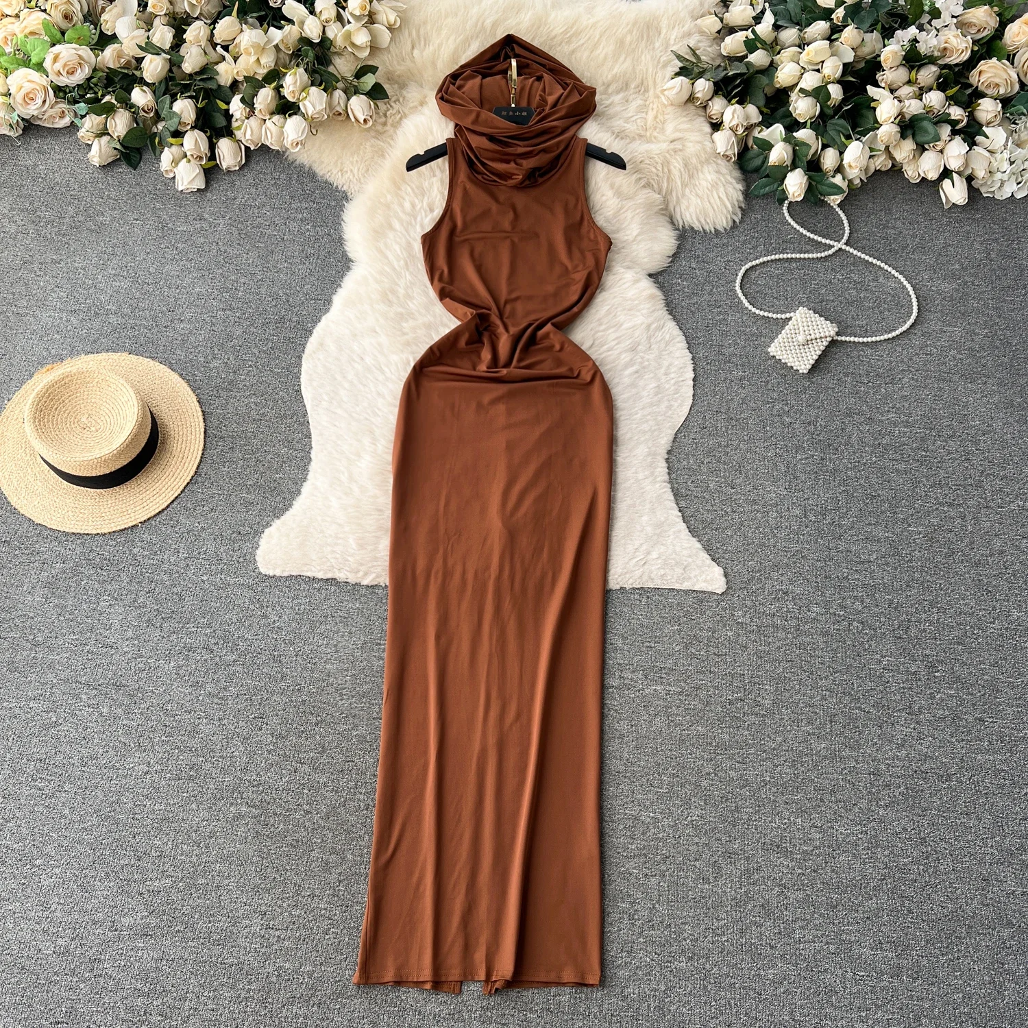 Chic  Sleeveless  Slim Hooded Sleeveless Dress French Sexy Chic Elegant Party Vestido Women Vintage Hip Wrap Ceremonial Dress
