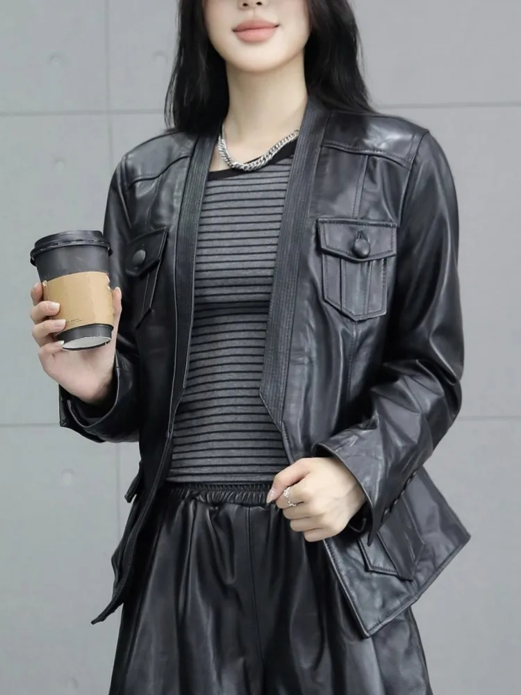 디자이너 신상 여성 포켓 V넥 벨트 슬림 천연 가죽 재킷 코트 빈티지 패션 여성 우아한 긴 소매 아우터웨어