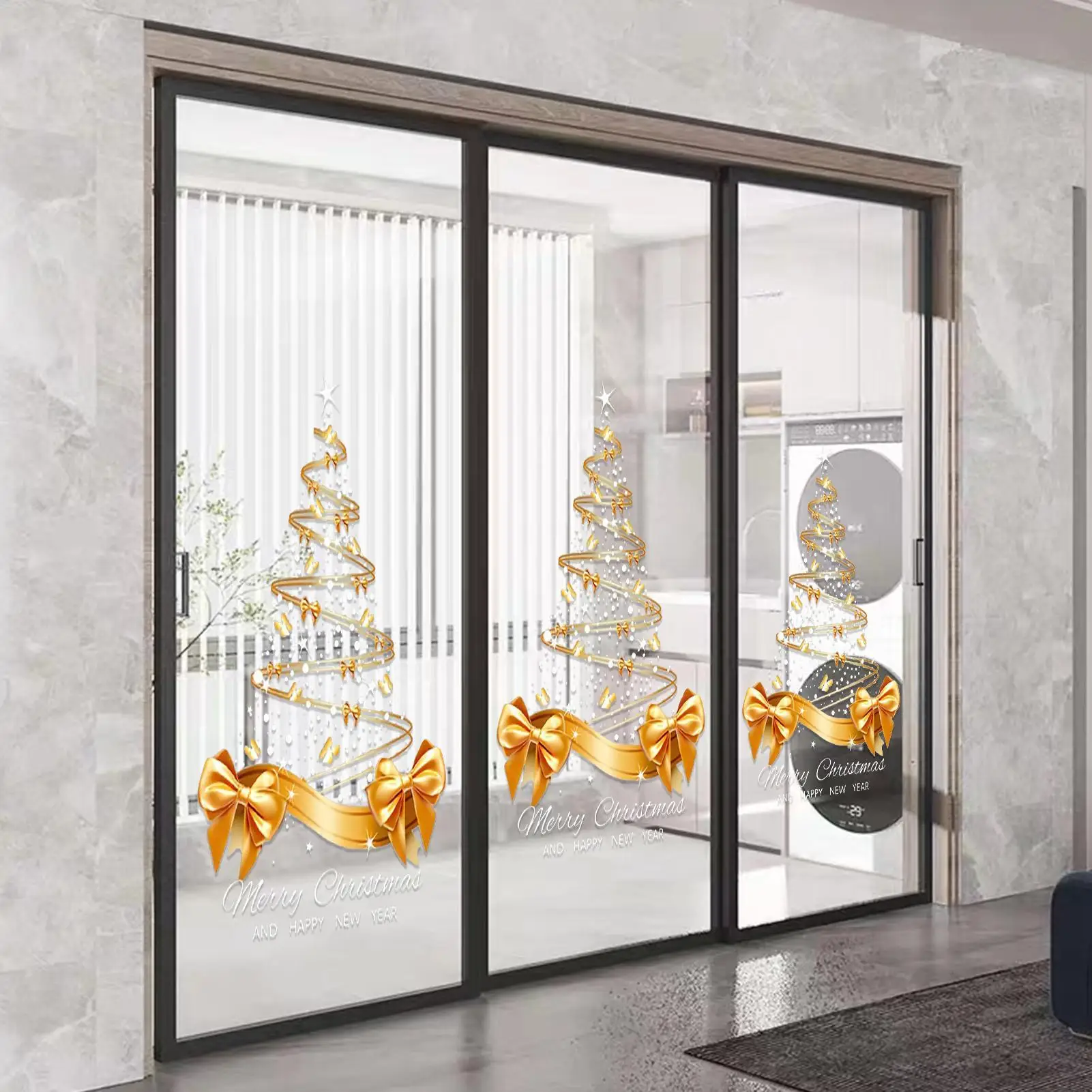 Christmas Window Decorations 25.59x17.72 Inch Double-Sided Mural Golden Christmas Tree Window Stickers Self-Adhesive For Holiday