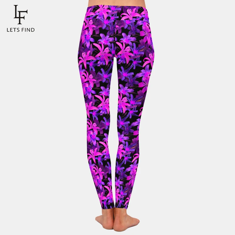 Letsfind belas flores estilo lírios impressão alta quaility leggins cintura alta elástico magro treino leggings