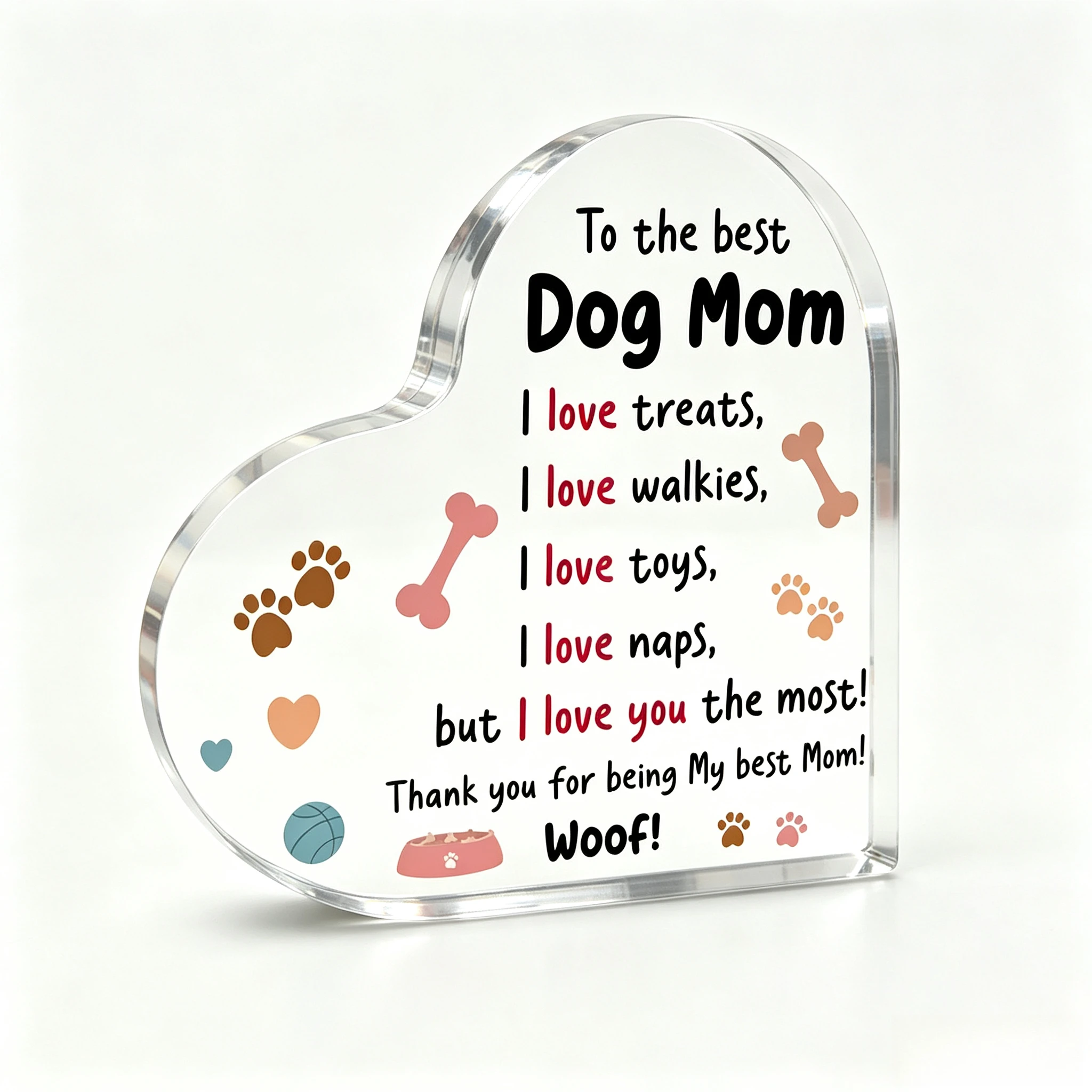 To The Best Dog Mom Heart‑Shaped Acrylic Tabletop Plaque, Paw Print Bone Dog Lover Desk Decor
