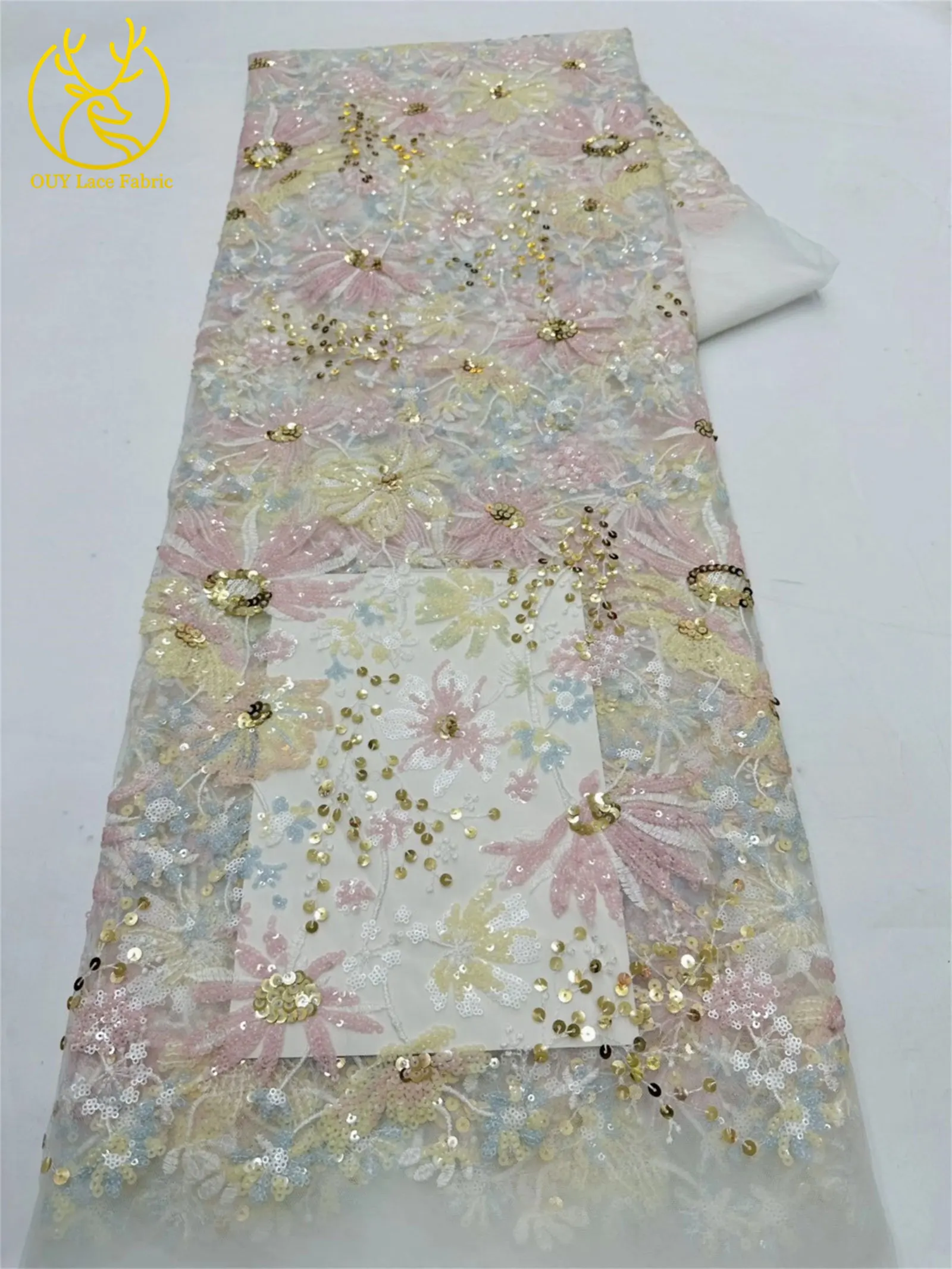 5 Yards des neuesten afrikanischen Pailletten bestickten Spitzenstoffs, hochwertiger französischer nigerianischer Mesh-Tüll-Spitzenstoff, Partykleid – Detail 12