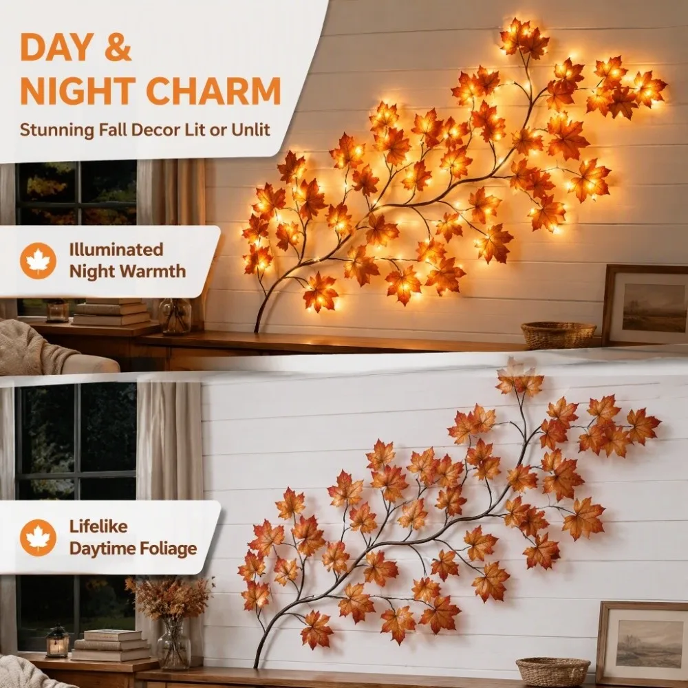 USB Powered Maple Leaf Branch Lights Flexible Vine Bendable Vine Maple Leaf Garland Lighted 8 Lighting Modes Autumn Vine Garland
