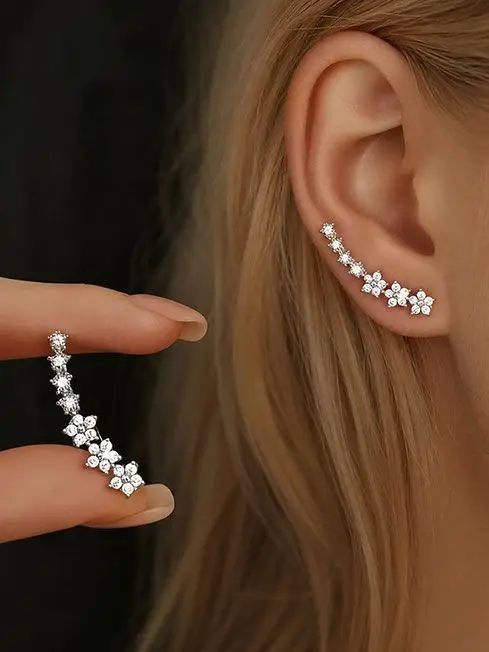 Women Crystal Flower Ear Climber Earrings, Sparkling Rhinestone Crawler Dangle Earrings, Elegant Wedding Party Jewelry Gift
