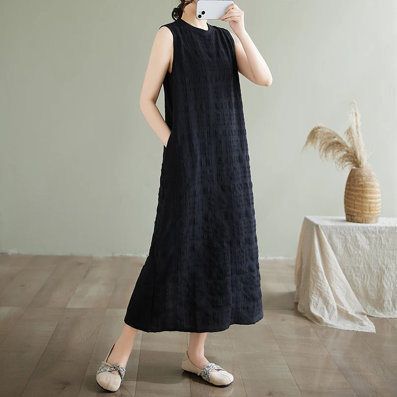 NYFS 2025 فستان نسائي صيفي جديد Vestidos رداء Ete فام Elbise فضفاض س الرقبة سترة دون أكمام فساتين طويلة