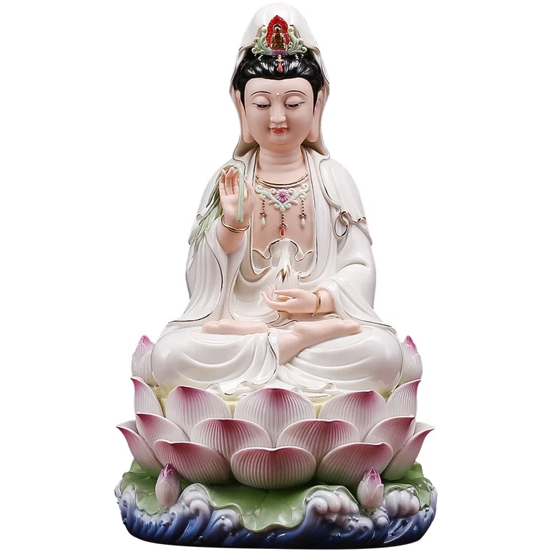 

Ceramic painted Guanyin Buddha statue Guanyin Bodhisattva sitting on the lotus and water waves
