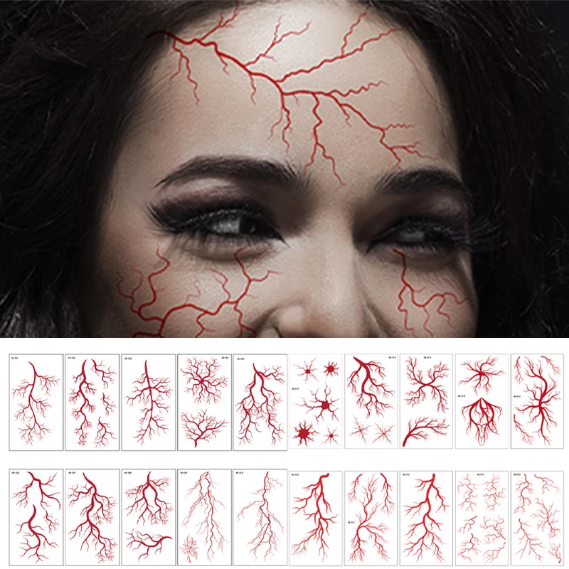 Halloween Temporary Tattoo False Red Blood Waterproof Face Stickers Hand Arm Back Body Stickers Makeup for Party Festival Decals