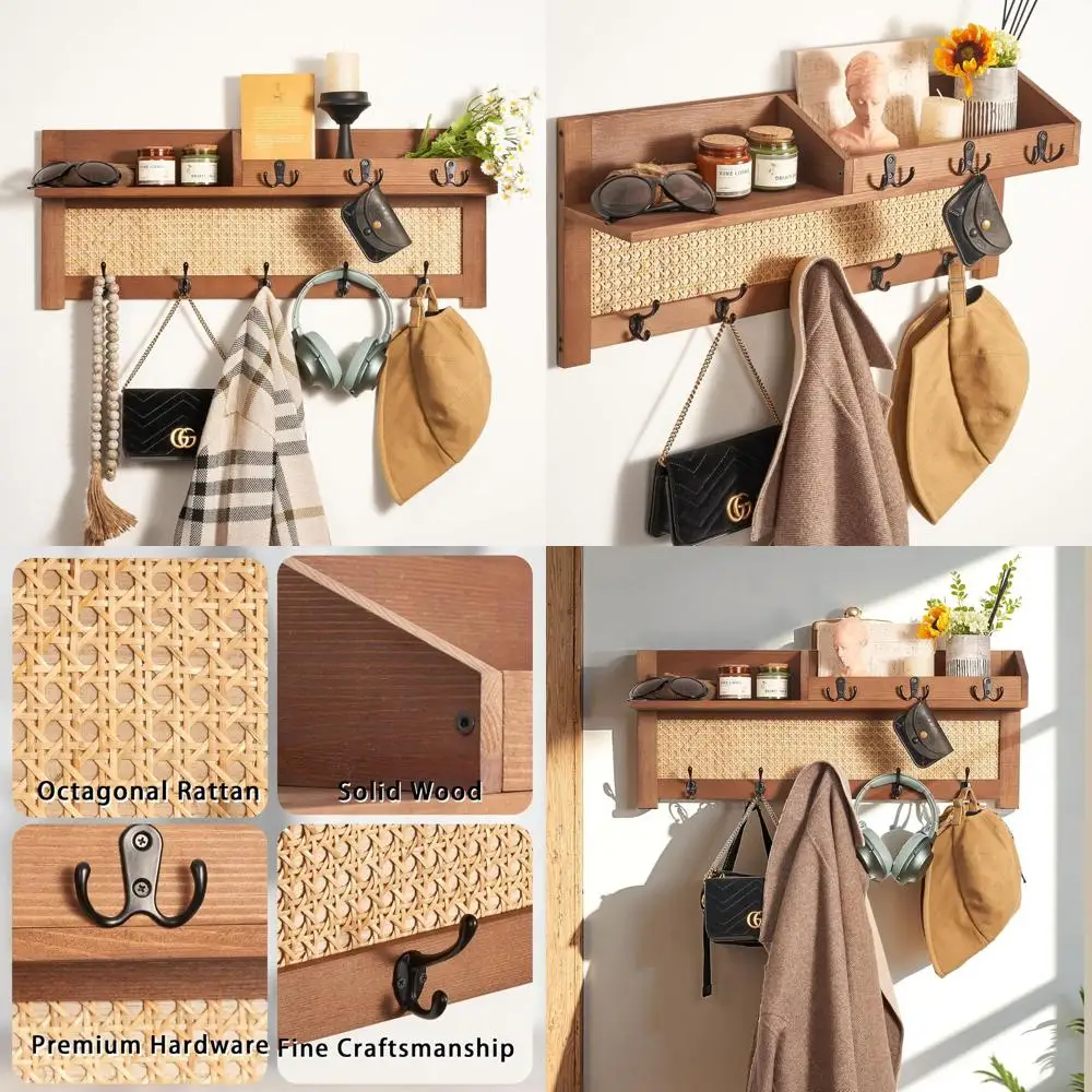 

Wooden Wall-Mounted Coat Rack with Hooks and Shelf - Rattan Style Organizer for Entryway, Bedroom, Office