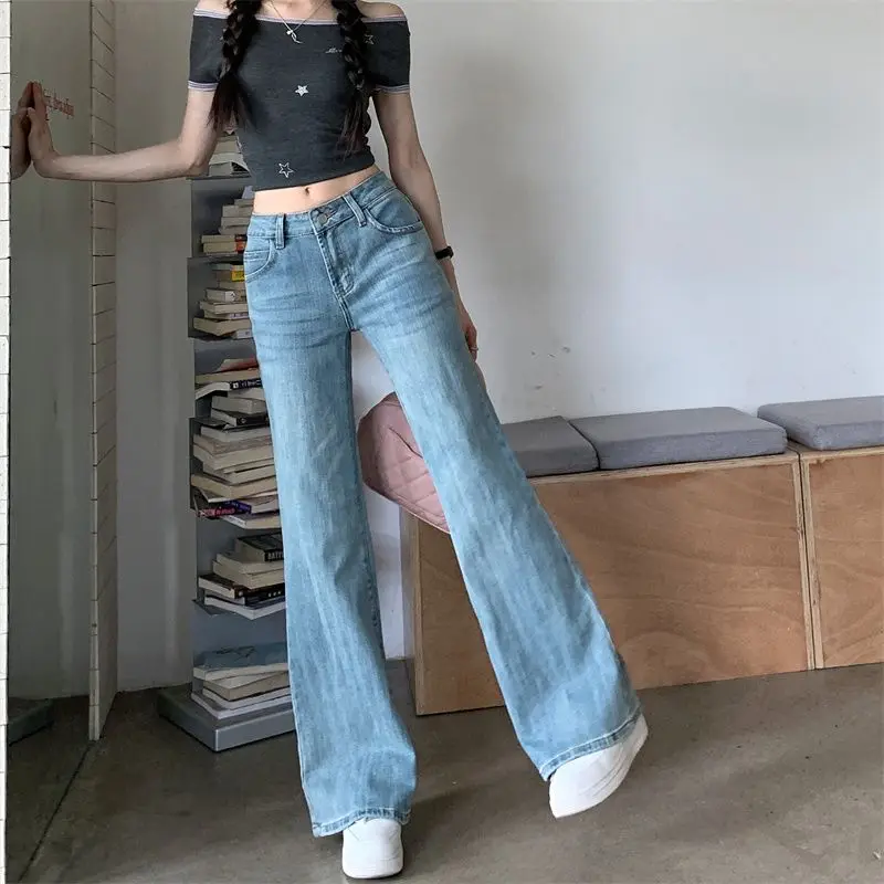 Damskie szerokie jeansy z szerokimi nogawkami na lato 2025, dzwony, spodnie dżinsowe rozszerzane, wysoki stan, vintage, elastyczne, luźne damskie spodnie typu flare.