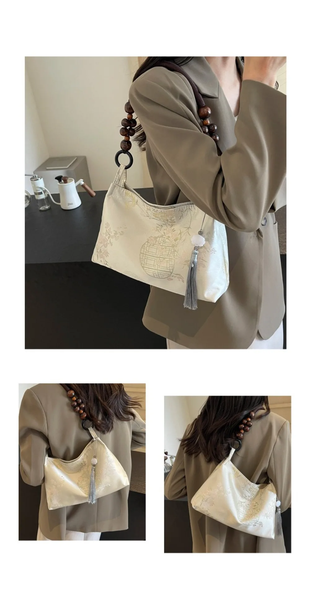 � Mittlere Kapazität ​ Damen-Schultertasche mit Stickerei ​ ​ Ethnische Muster-Stickerei ​ Nähgarn für Handarbeiten ​ ​ Quasten-Anhänger-Tasche ​ – Detail 10