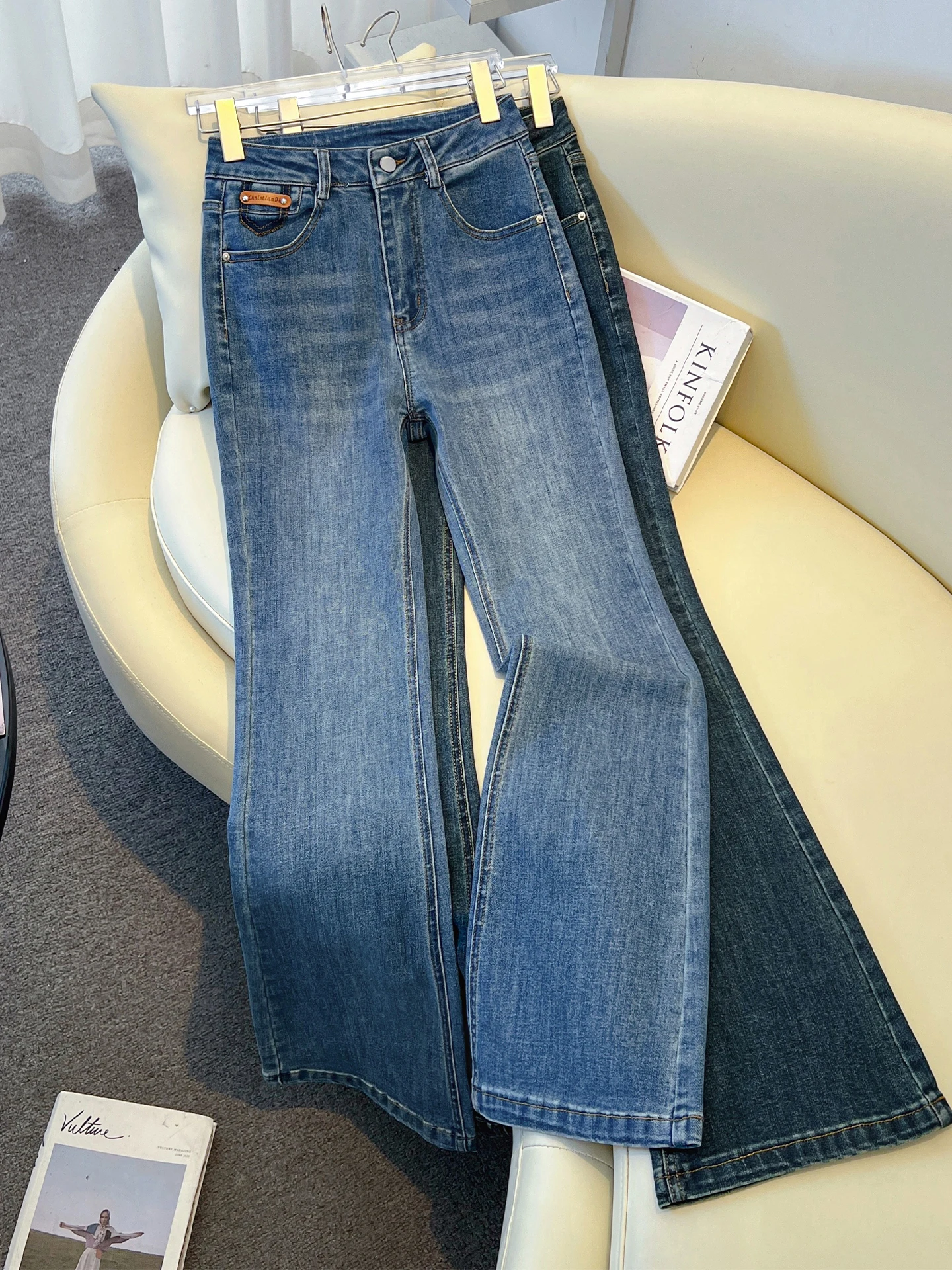 

Retro Flared Jeans Women's Spring Autumn Winter New Small Size High Waist Slimming Fleece Nine Points Flared Pants