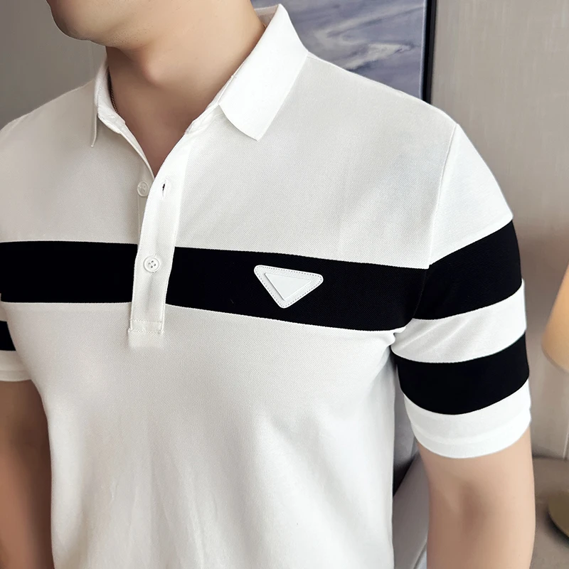 Business Casual Solid Color Men\'s Polo Shirt Summer Classic Men Short Sleeve V-neck T-shirt Slim Fit Spliced Polo 4XL-M