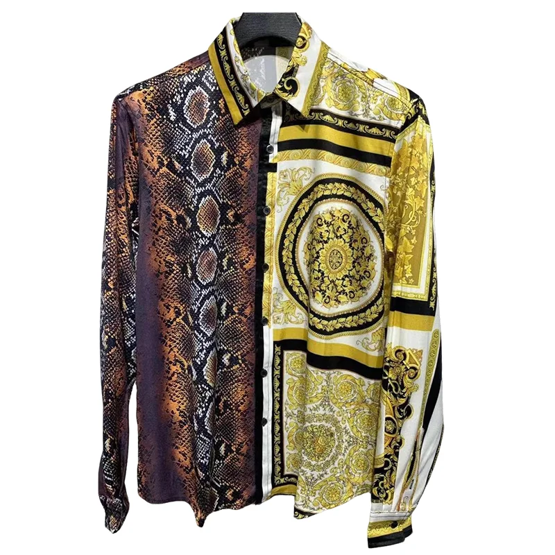 Luxury Royal Palace Baroque Printed Color Contrasting Leopard Pattern Shirt Men\'s Casual Long Sleeve Shirt 2024 Silk Smooth