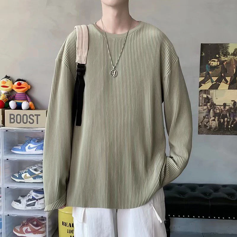 3d Pleated Striped Fashion O Neck Men Sweatshirt 2022 Autumn New Long Sleeve Street Casual Oversized Clothes Korean Harajuku Top