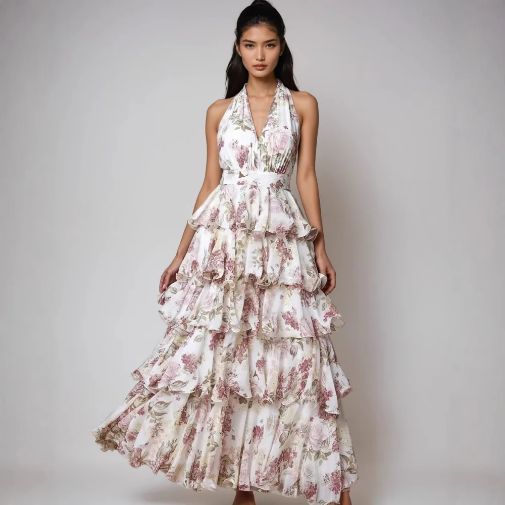 Faionable Sexy v-ne multicouche imprimé femmes Dr printemps 2025 Svel taille haute imprimé jupe tenue décontracté